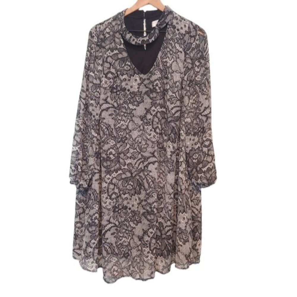 Signature by Robbie Bee Black & White Lace Print Cutout Sleeve Dress Size 18W